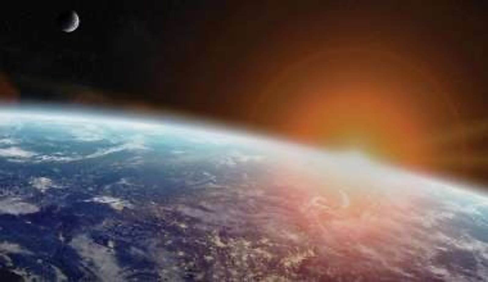 Earth sunrise from orbit with crescent moon